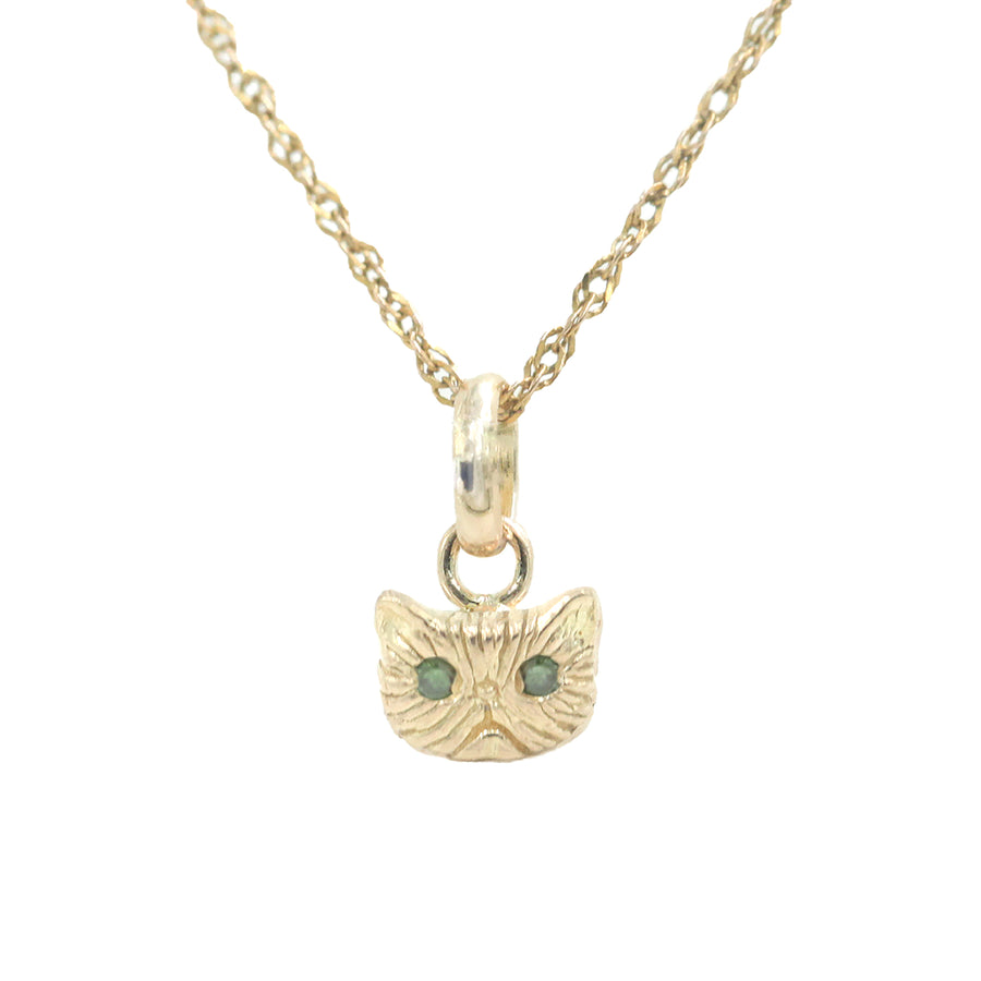 Green Diamond Petite Persian Cat Pendant 14k Yellow Gold