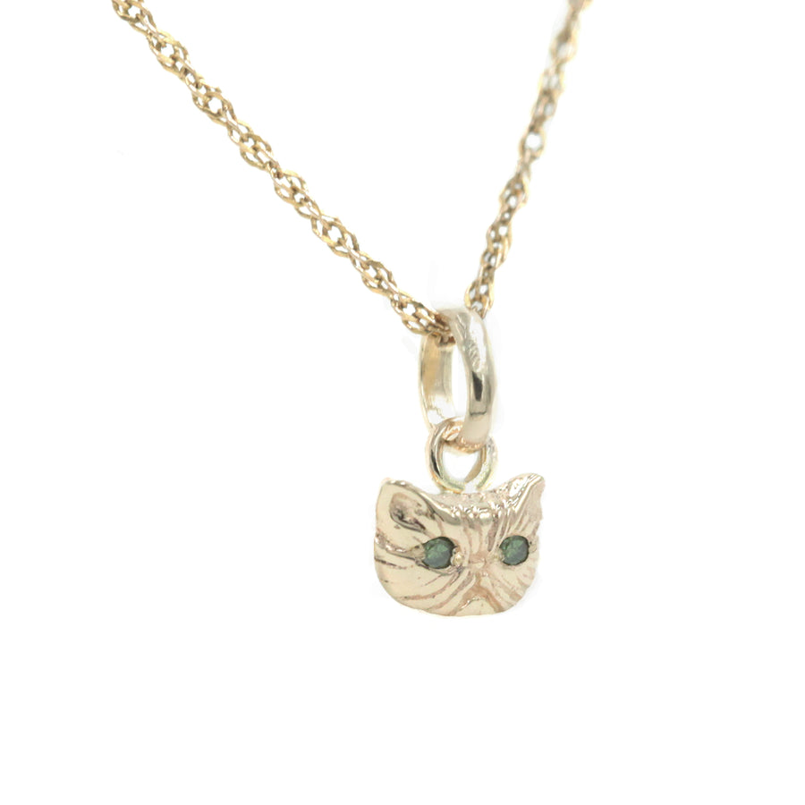 Green Diamond Petite Persian Cat Pendant 14k Yellow Gold