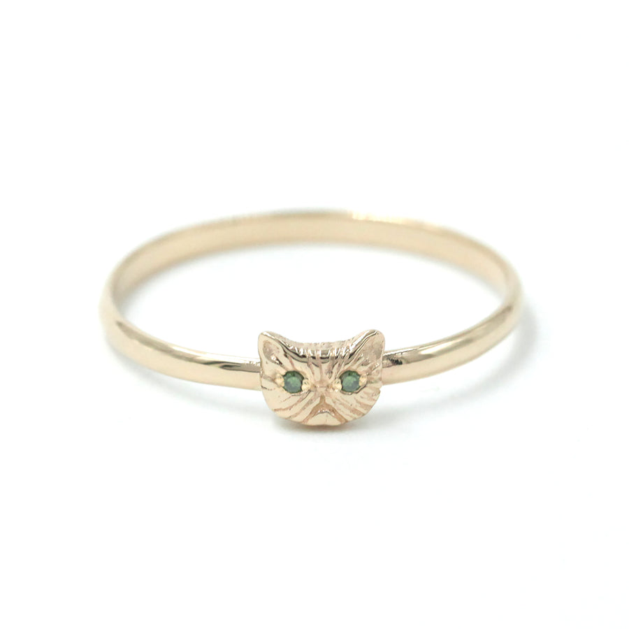 Green Diamond Petite Persian Cat Ring 14k Yellow Gold