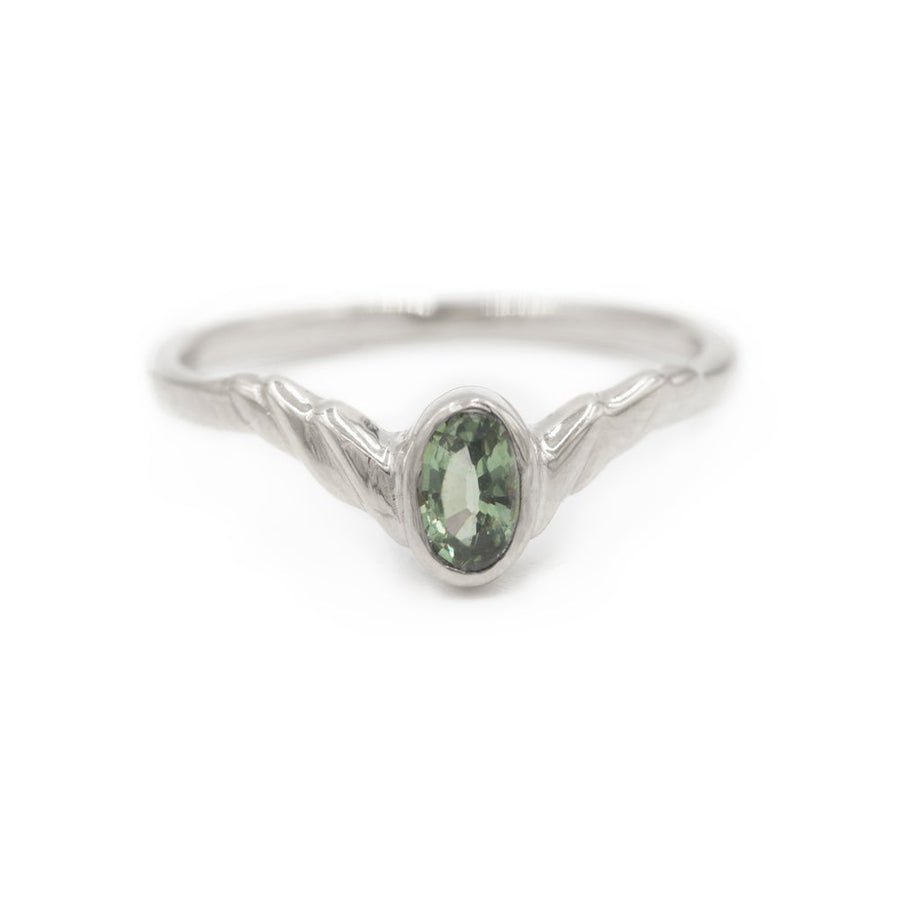 Green Sapphire Laurel Ring- 14k White Gold