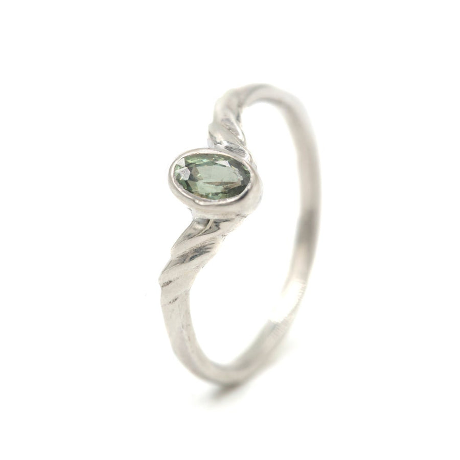 Green Sapphire Laurel Ring- 14k White Gold